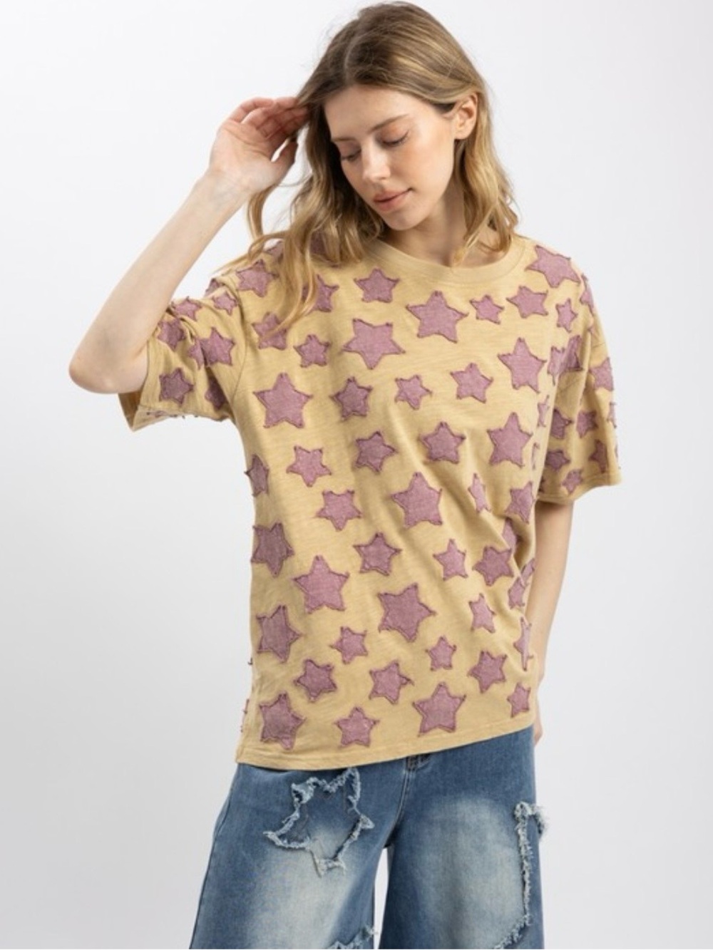 Taupe Star Patchwork Top OVERSIZED with Pockets Bluevelvet
